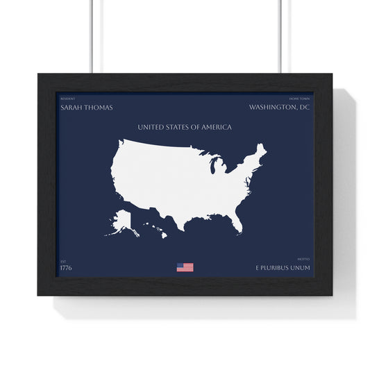 Customizable United States Map Horizontal Framed Poster | America Silhouette | Personalized Name and Hometown | Navy - Proud & Loyal