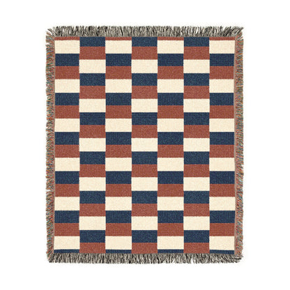 France Flag Checkered Stripe Woven Blanket | Geometric Throw, Navy Rust Cream - Proud & Loyal
