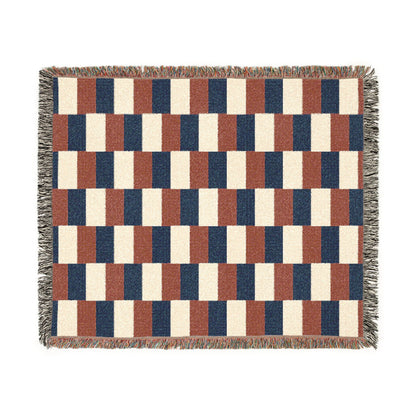 France Flag Checkered Stripe Woven Blanket | Geometric Throw, Navy Rust Cream - Proud & Loyal