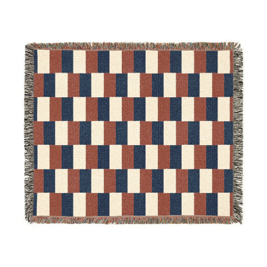 France Flag Checkered Stripe Woven Blanket | Geometric Throw, Navy Rust Cream - Proud & Loyal