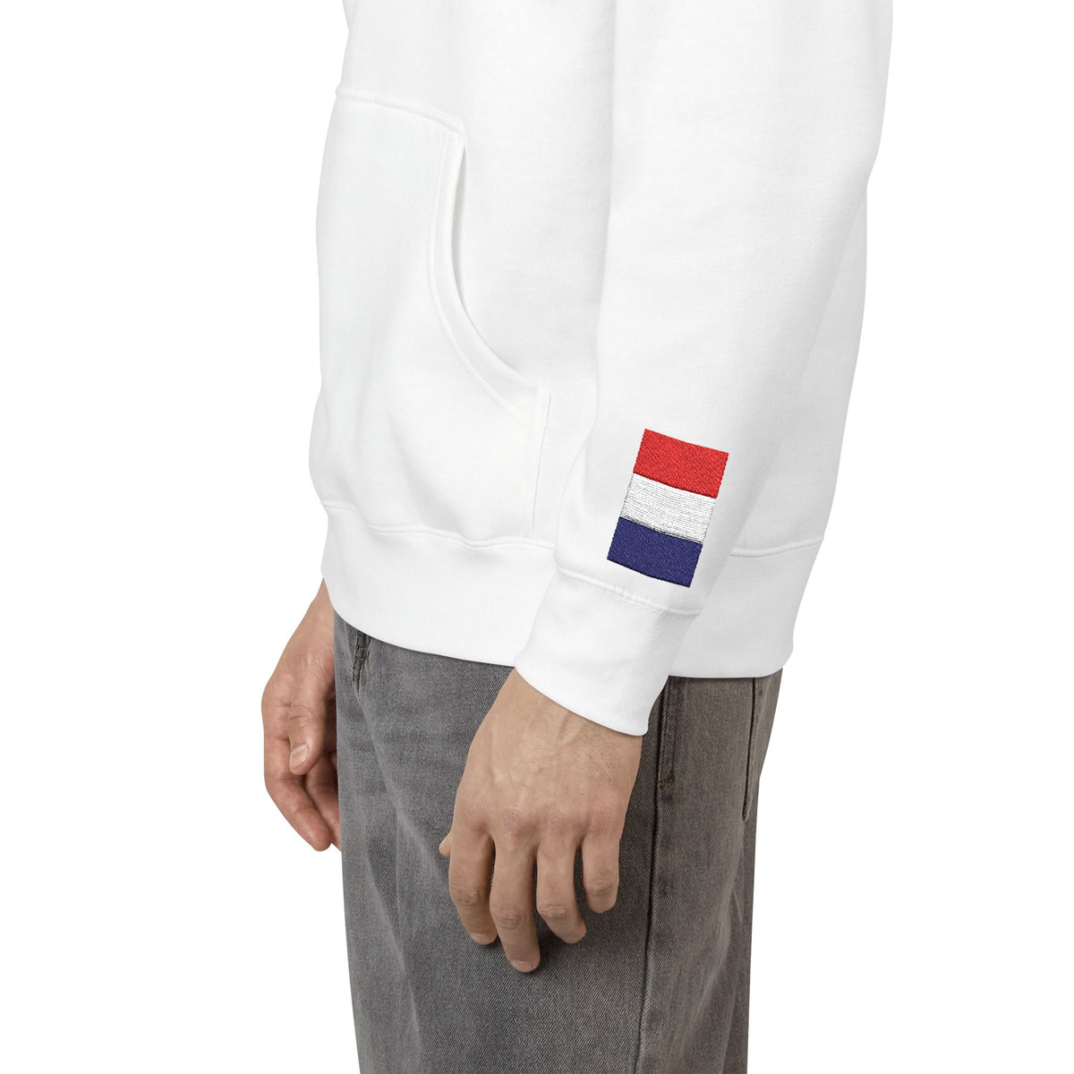 French American Flag Fleece Hoodie | France USA Dual Heritage Naturalization Gift | Personalized Initials | Embroidered Sleeve Flags - Proud & Loyal