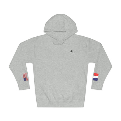 French American Flag Fleece Hoodie | France USA Dual Heritage Naturalization Gift | Personalized Initials | Embroidered Sleeve Flags - Proud & Loyal