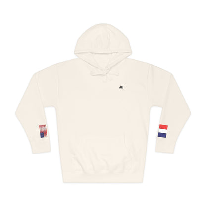 French American Flag Fleece Hoodie | France USA Dual Heritage Naturalization Gift | Personalized Initials | Embroidered Sleeve Flags - Proud & Loyal