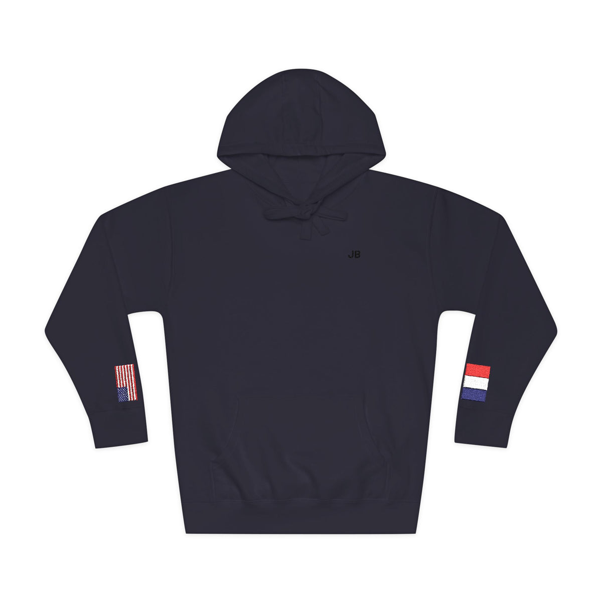 French American Flag Fleece Hoodie | France USA Dual Heritage Naturalization Gift | Personalized Initials | Embroidered Sleeve Flags - Proud & Loyal