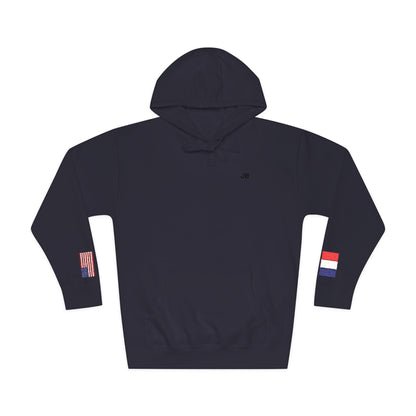 French American Flag Fleece Hoodie | France USA Dual Heritage Naturalization Gift | Personalized Initials | Embroidered Sleeve Flags - Proud & Loyal