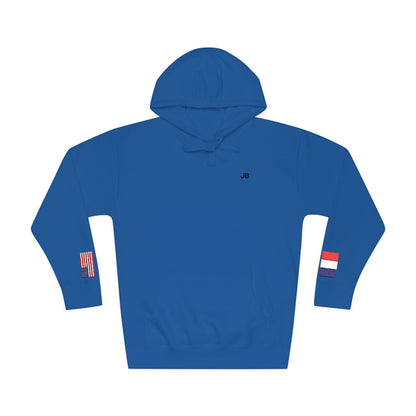French American Flag Fleece Hoodie | France USA Dual Heritage Naturalization Gift | Personalized Initials | Embroidered Sleeve Flags - Proud & Loyal