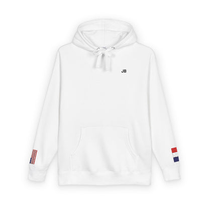 French American Flag Fleece Hoodie | France USA Dual Heritage Naturalization Gift | Personalized Initials | Embroidered Sleeve Flags - Proud & Loyal