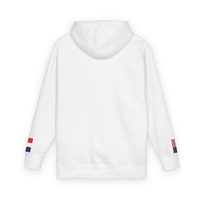 French American Flag Fleece Hoodie | France USA Dual Heritage Naturalization Gift | Personalized Initials | Embroidered Sleeve Flags - Proud & Loyal