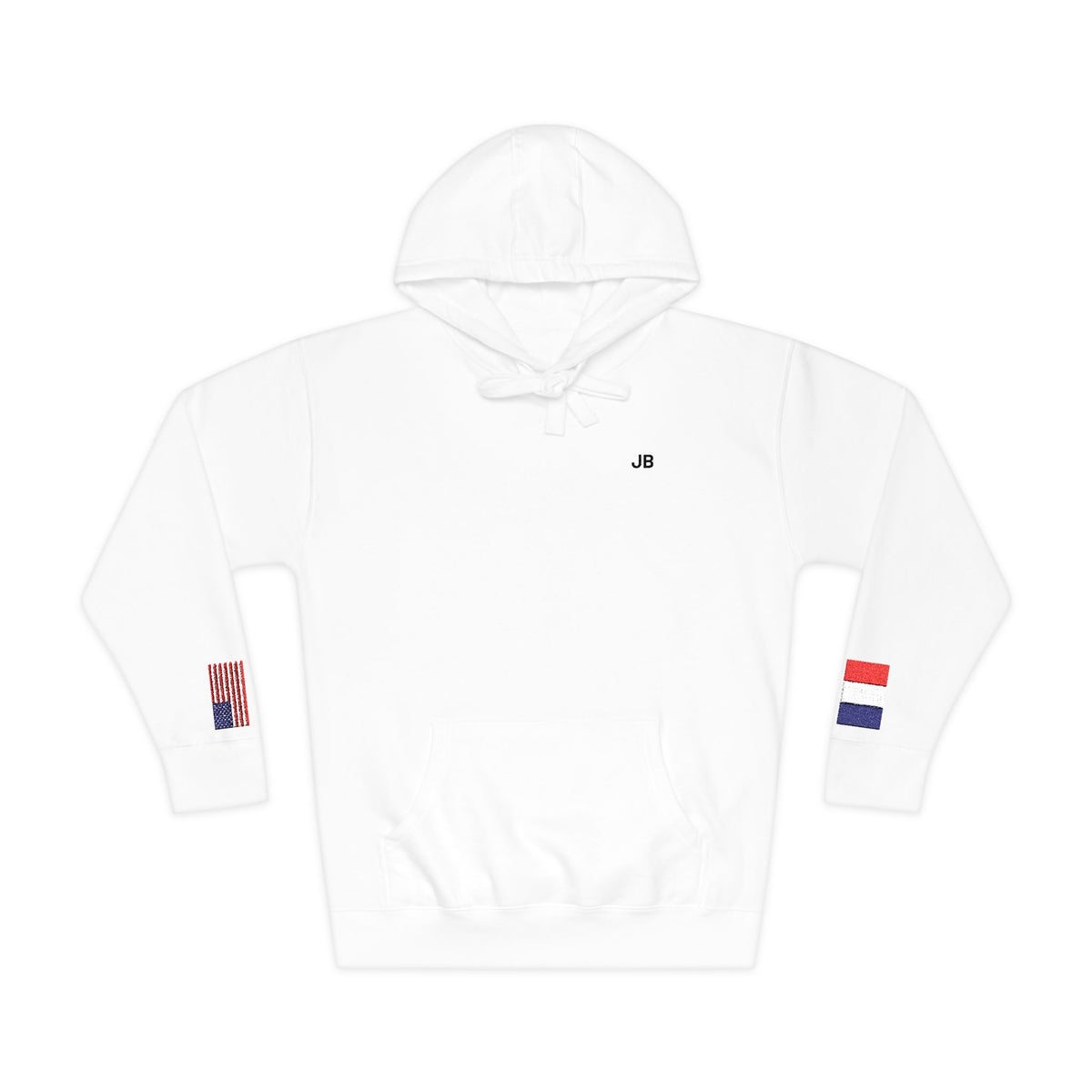 French American Flag Fleece Hoodie | France USA Dual Heritage Naturalization Gift | Personalized Initials | Embroidered Sleeve Flags - Proud & Loyal