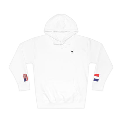 French American Flag Fleece Hoodie | France USA Dual Heritage Naturalization Gift | Personalized Initials | Embroidered Sleeve Flags - Proud & Loyal