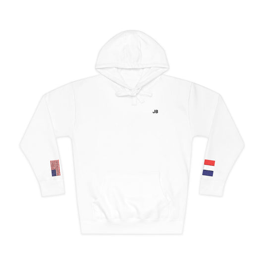 French American Flag Fleece Hoodie | France USA Dual Heritage Naturalization Gift | Personalized Initials | Embroidered Sleeve Flags - Proud & Loyal