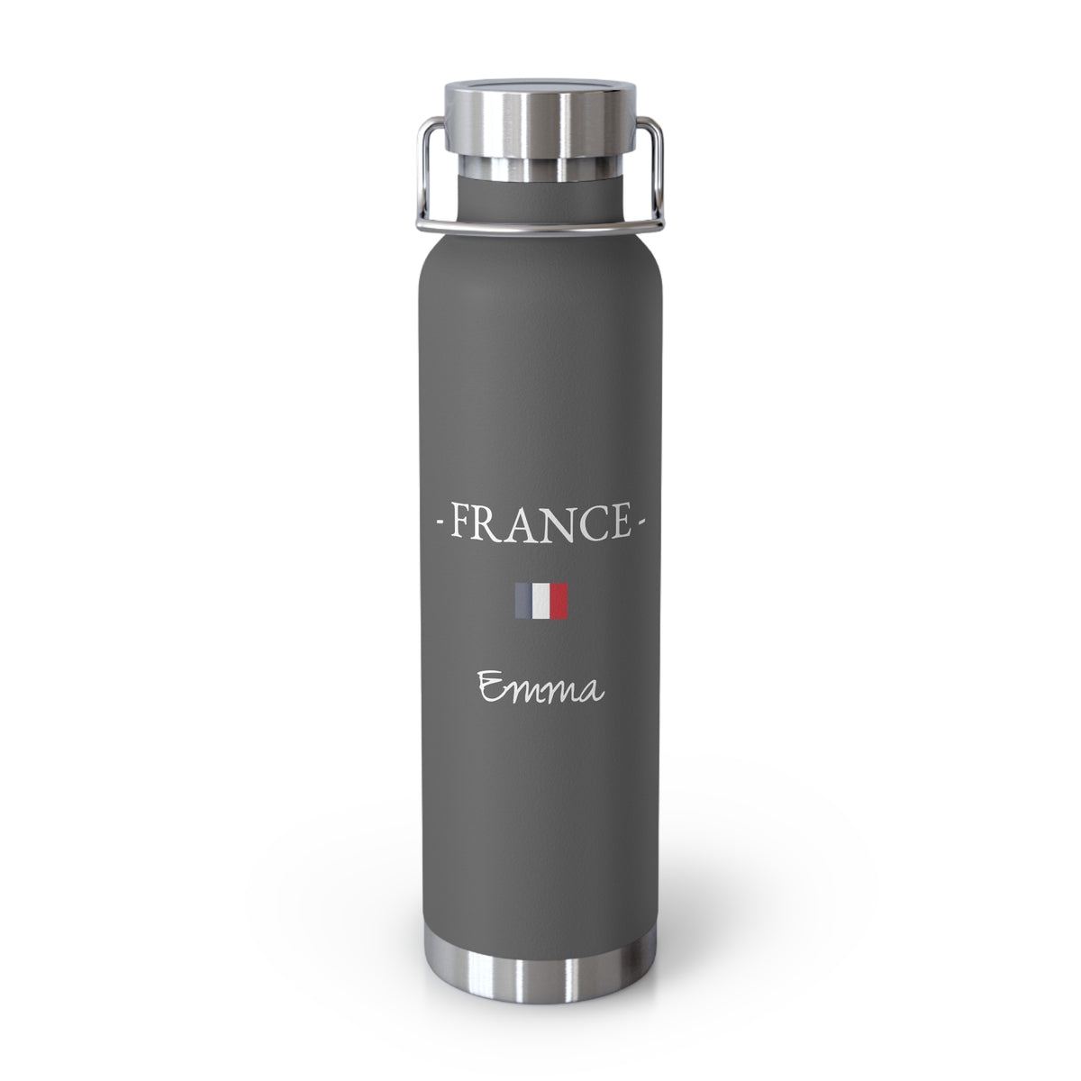 French Heritage Insulated Water Bottle, Copper Lined, Custom Thermos, France Flag Metal Travel Flask, Personalized Name - Proud & Loyal