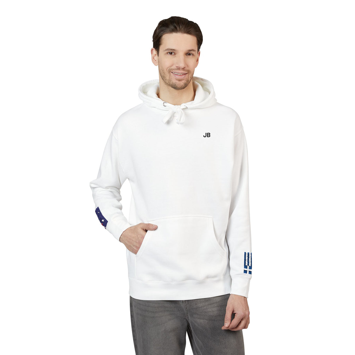 Greek Australian Flag Fleece Hoodie | Greece Australia Dual Heritage Gift | Personalized Initials | Embroidered Sleeve Flags - Proud & Loyal
