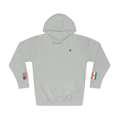 Indian American Flag Fleece Hoodie | India USA Dual Heritage Naturalization Gift | Personalized Initials | Embroidered Sleeve Flags - Proud & Loyal