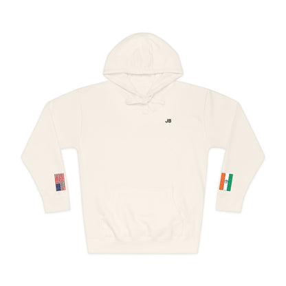 Indian American Flag Fleece Hoodie | India USA Dual Heritage Naturalization Gift | Personalized Initials | Embroidered Sleeve Flags - Proud & Loyal