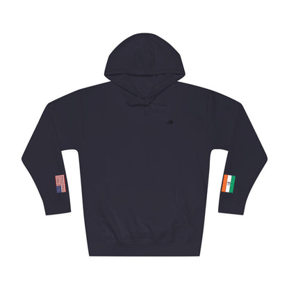 Indian American Flag Fleece Hoodie | India USA Dual Heritage Naturalization Gift | Personalized Initials | Embroidered Sleeve Flags - Proud & Loyal
