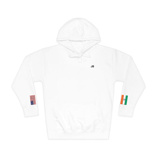 Indian American Flag Fleece Hoodie | India USA Dual Heritage Naturalization Gift | Personalized Initials | Embroidered Sleeve Flags - Proud & Loyal