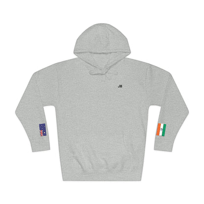 Indian Australian Flag Fleece Hoodie | India Australia Dual Heritage Gift | Personalized Initials | Embroidered Sleeve Flags - Proud & Loyal
