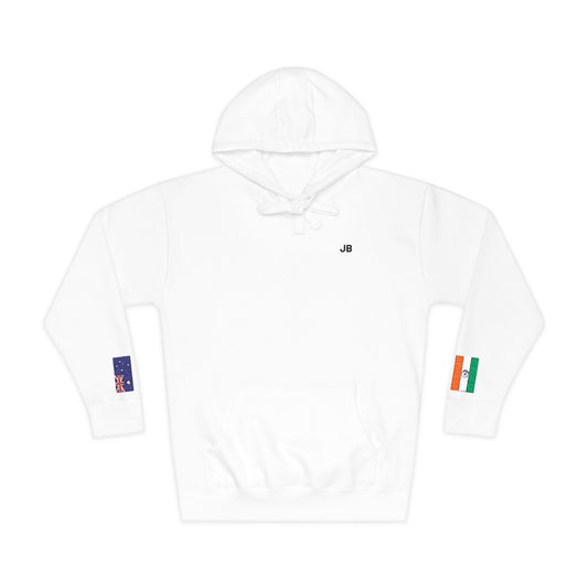 Indian Australian Flag Fleece Hoodie | India Australia Dual Heritage Gift | Personalized Initials | Embroidered Sleeve Flags - Proud & Loyal