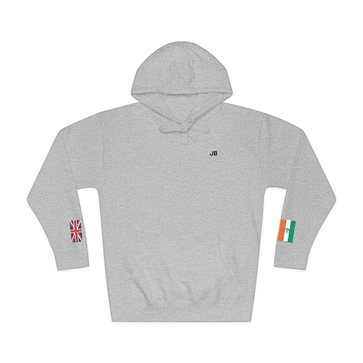 Indian British Flag Fleece Hoodie | India UK Dual Heritage Gift | Personalized Initials | Embroidered Sleeve Flags | United Kingdom & India - Proud & Loyal