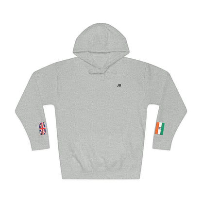 Indian British Flag Fleece Hoodie | India UK Dual Heritage Gift | Personalized Initials | Embroidered Sleeve Flags | United Kingdom & India - Proud & Loyal