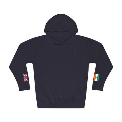 Indian British Flag Fleece Hoodie | India UK Dual Heritage Gift | Personalized Initials | Embroidered Sleeve Flags | United Kingdom & India - Proud & Loyal