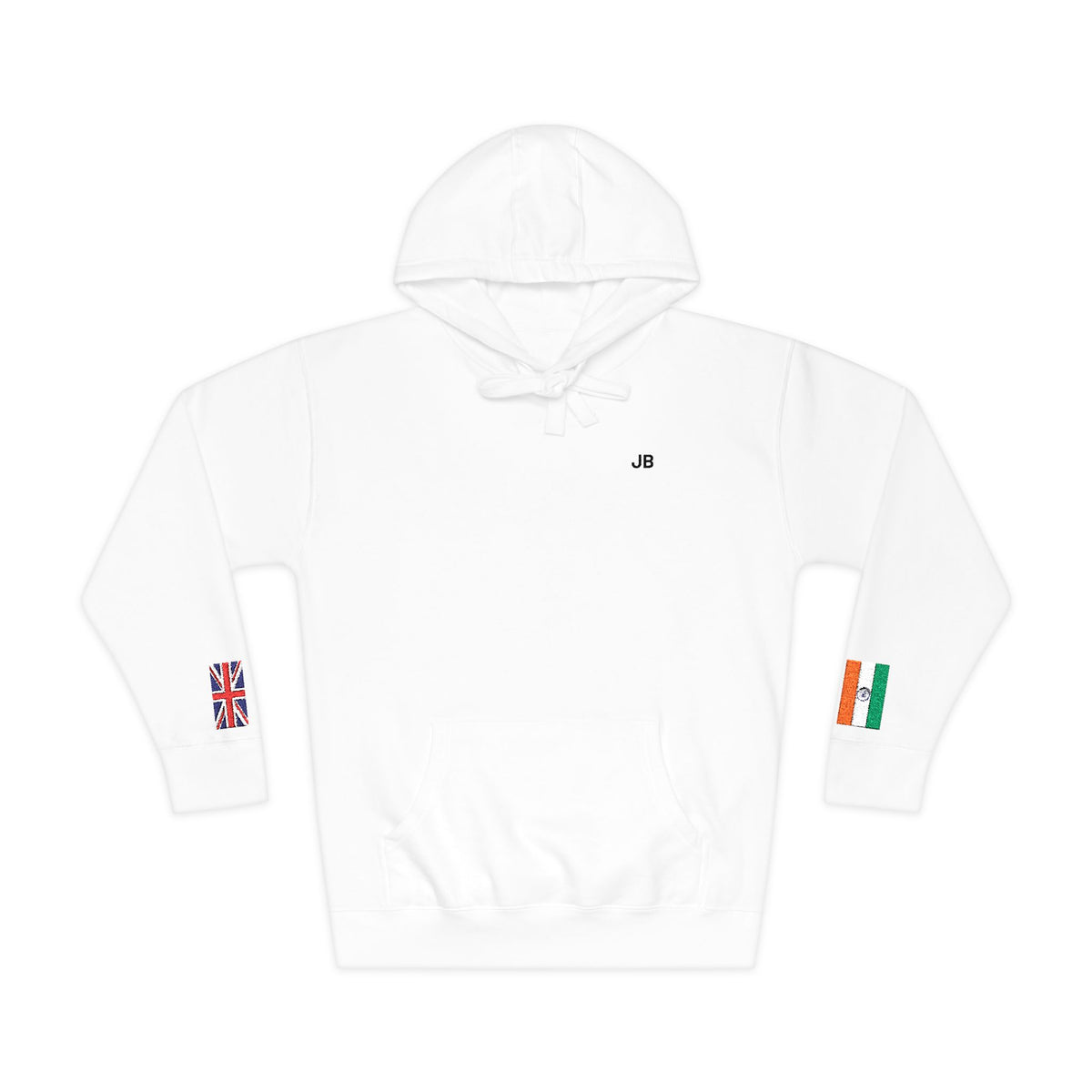 Indian British Flag Fleece Hoodie | India UK Dual Heritage Gift | Personalized Initials | Embroidered Sleeve Flags | United Kingdom & India - Proud & Loyal