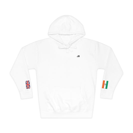 Indian British Flag Fleece Hoodie | India UK Dual Heritage Gift | Personalized Initials | Embroidered Sleeve Flags | United Kingdom & India - Proud & Loyal