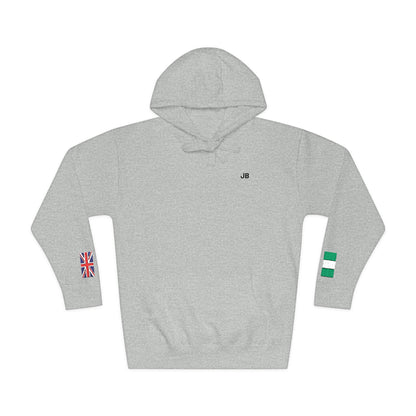 Naija Nigerian British Flag Fleece Hoodie | Nigeria UK Dual Heritage Gift | Personalized Initials | Embroidered Sleeve Flag | United Kingdom - Proud & Loyal