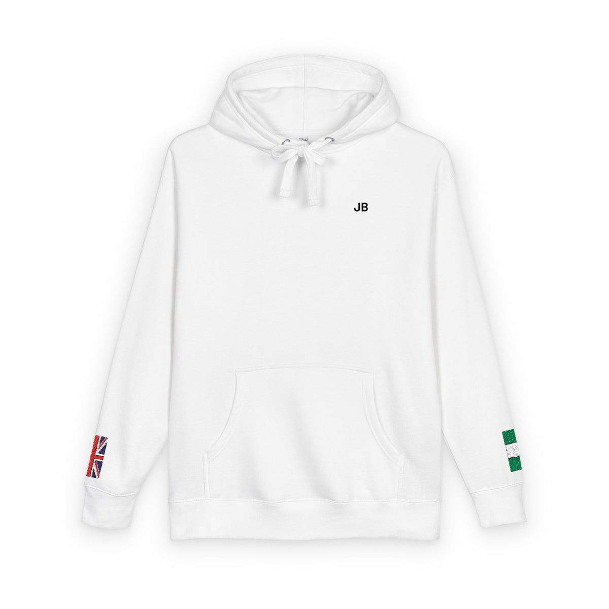 Naija Nigerian British Flag Fleece Hoodie | Nigeria UK Dual Heritage Gift | Personalized Initials | Embroidered Sleeve Flag | United Kingdom - Proud & Loyal