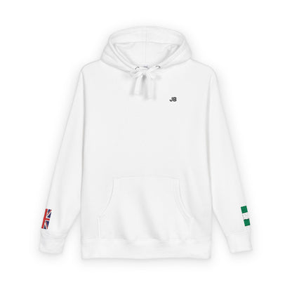 Naija Nigerian British Flag Fleece Hoodie | Nigeria UK Dual Heritage Gift | Personalized Initials | Embroidered Sleeve Flag | United Kingdom - Proud & Loyal