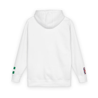 Naija Nigerian British Flag Fleece Hoodie | Nigeria UK Dual Heritage Gift | Personalized Initials | Embroidered Sleeve Flag | United Kingdom - Proud & Loyal