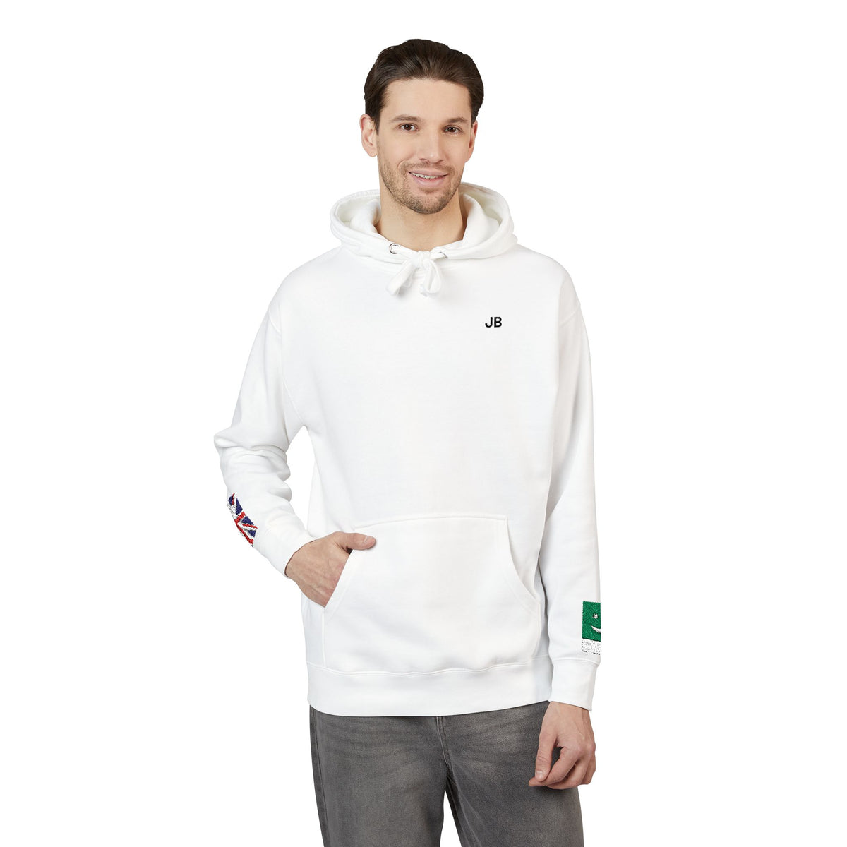 Pakistani British Flag Fleece Hoodie | Pakistan UK Dual Heritage Gift | Personalized Initials | Embroidered Sleeve Flags | United Kingdom - Proud & Loyal