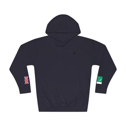 Pakistani British Flag Fleece Hoodie | Pakistan UK Dual Heritage Gift | Personalized Initials | Embroidered Sleeve Flags | United Kingdom - Proud & Loyal