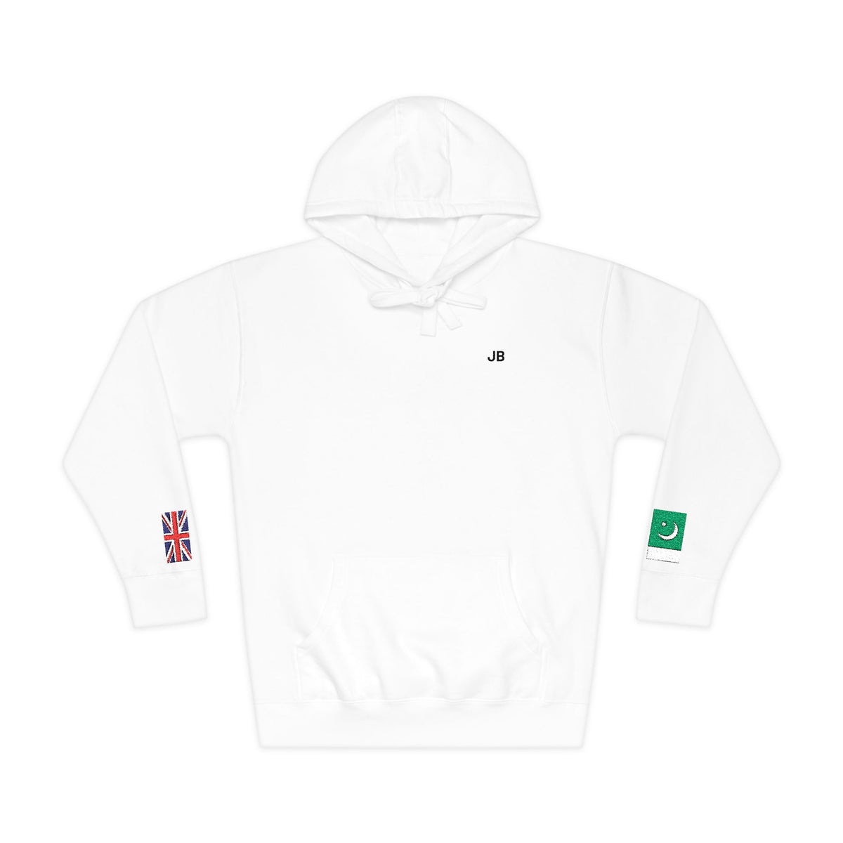 Pakistani British Flag Fleece Hoodie | Pakistan UK Dual Heritage Gift | Personalized Initials | Embroidered Sleeve Flags | United Kingdom - Proud & Loyal