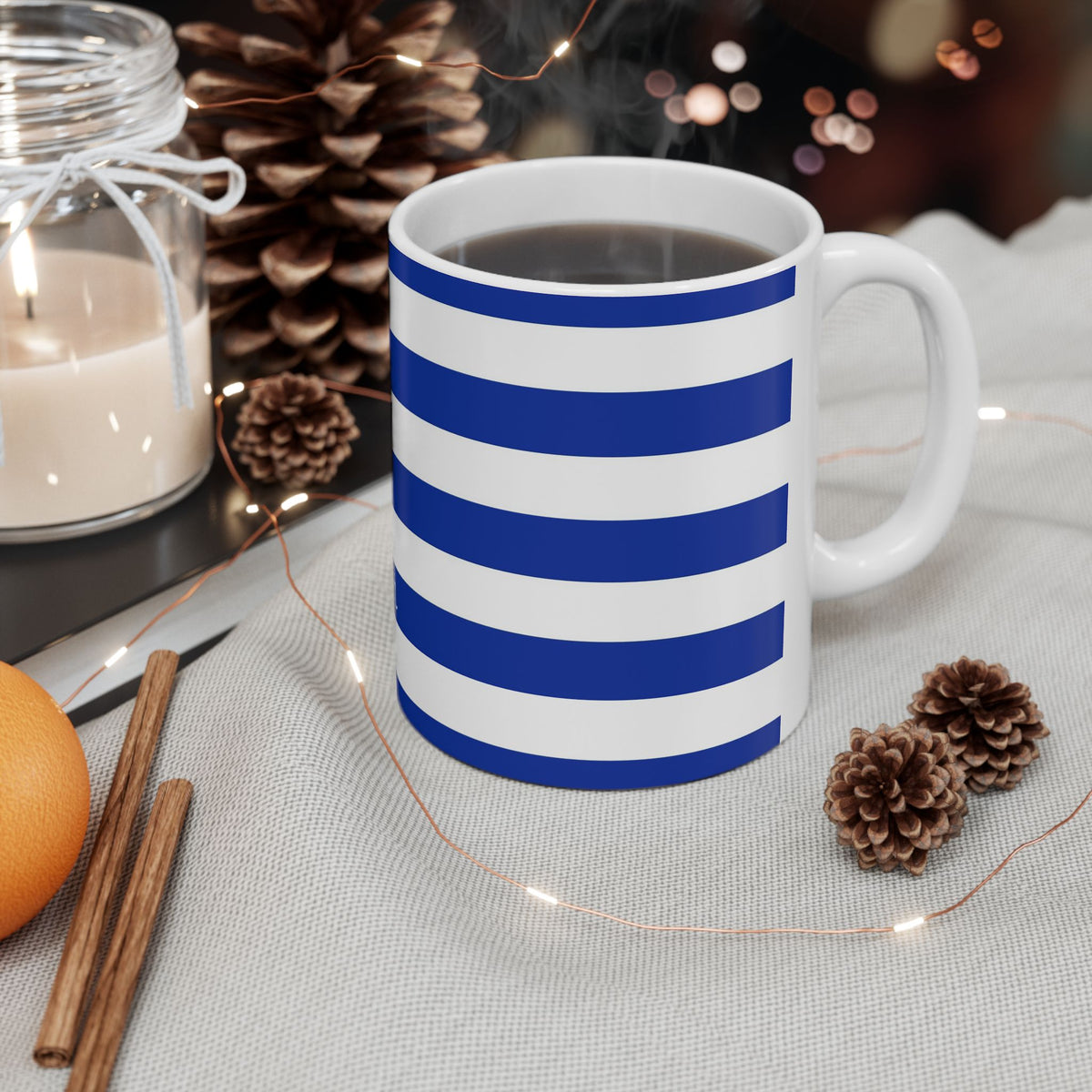 Personalized Greek Flag Navy Blue Striped Mug | Greece Ceramic Coffee Cup, New Citizen, Naturalization Gift, Heritage Gift - Proud & Loyal