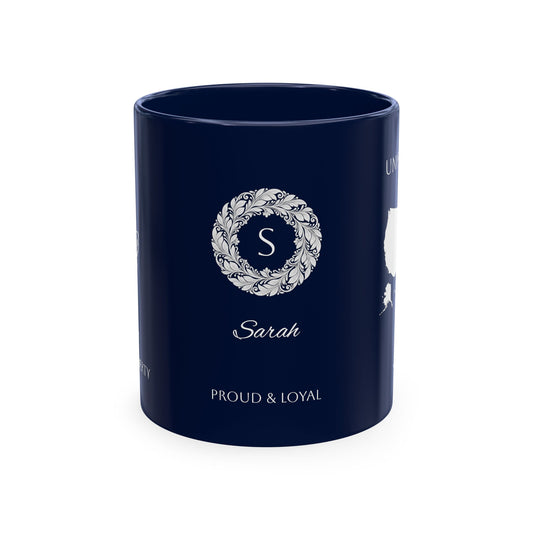 Personalized Initials and Name Monogram Wreath Ceramic Mug | Statue of Liberty Illustration | United States Flag Silhouette - Proud & Loyal