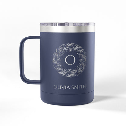 Personalized Name and Initials Monogram Wreath Coffee Mug, Canada Maple Leaf Flag Tumbler 15oz - Proud & Loyal