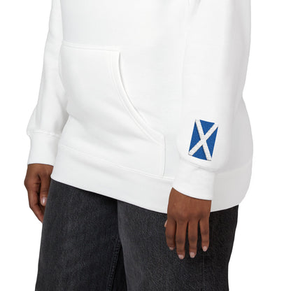 Scottish American Flag Fleece Hoodie | Scotland USA Dual Heritage Naturalization Gift | Personalized Initials | Embroidered Sleeve Flags - Proud & Loyal