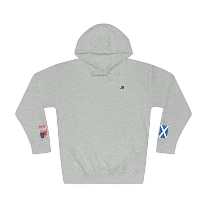 Scottish American Flag Fleece Hoodie | Scotland USA Dual Heritage Naturalization Gift | Personalized Initials | Embroidered Sleeve Flags - Proud & Loyal