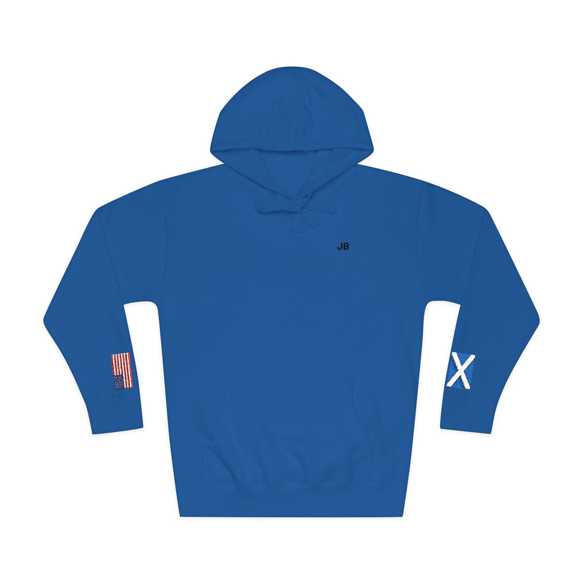 Scottish American Flag Fleece Hoodie | Scotland USA Dual Heritage Naturalization Gift | Personalized Initials | Embroidered Sleeve Flags - Proud & Loyal
