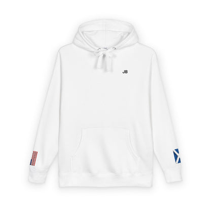 Scottish American Flag Fleece Hoodie | Scotland USA Dual Heritage Naturalization Gift | Personalized Initials | Embroidered Sleeve Flags - Proud & Loyal
