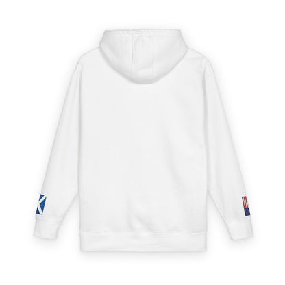 Scottish American Flag Fleece Hoodie | Scotland USA Dual Heritage Naturalization Gift | Personalized Initials | Embroidered Sleeve Flags - Proud & Loyal