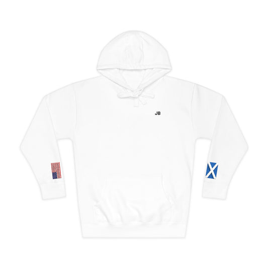 Scottish American Flag Fleece Hoodie | Scotland USA Dual Heritage Naturalization Gift | Personalized Initials | Embroidered Sleeve Flags - Proud & Loyal