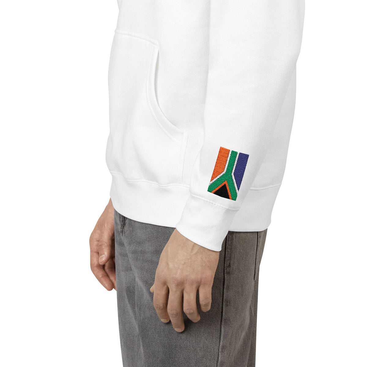 South African American Flag Fleece Hoodie | South Africa USA Dual Heritage Gift | Personalized Initials | Embroidered Sleeve Flags - Proud & Loyal