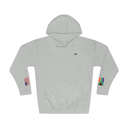 South African American Flag Fleece Hoodie | South Africa USA Dual Heritage Gift | Personalized Initials | Embroidered Sleeve Flags - Proud & Loyal
