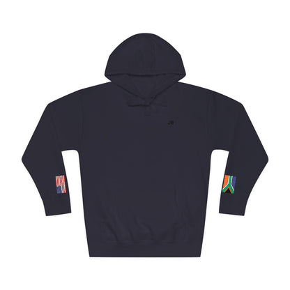 South African American Flag Fleece Hoodie | South Africa USA Dual Heritage Gift | Personalized Initials | Embroidered Sleeve Flags - Proud & Loyal