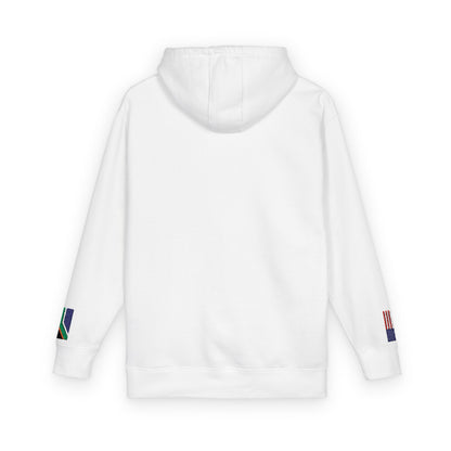 South African American Flag Fleece Hoodie | South Africa USA Dual Heritage Gift | Personalized Initials | Embroidered Sleeve Flags - Proud & Loyal