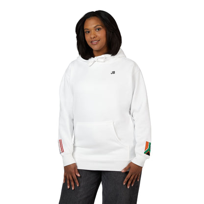 South African American Flag Fleece Hoodie | South Africa USA Dual Heritage Gift | Personalized Initials | Embroidered Sleeve Flags - Proud & Loyal