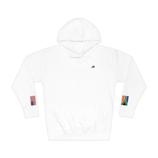 South African American Flag Fleece Hoodie | South Africa USA Dual Heritage Gift | Personalized Initials | Embroidered Sleeve Flags - Proud & Loyal